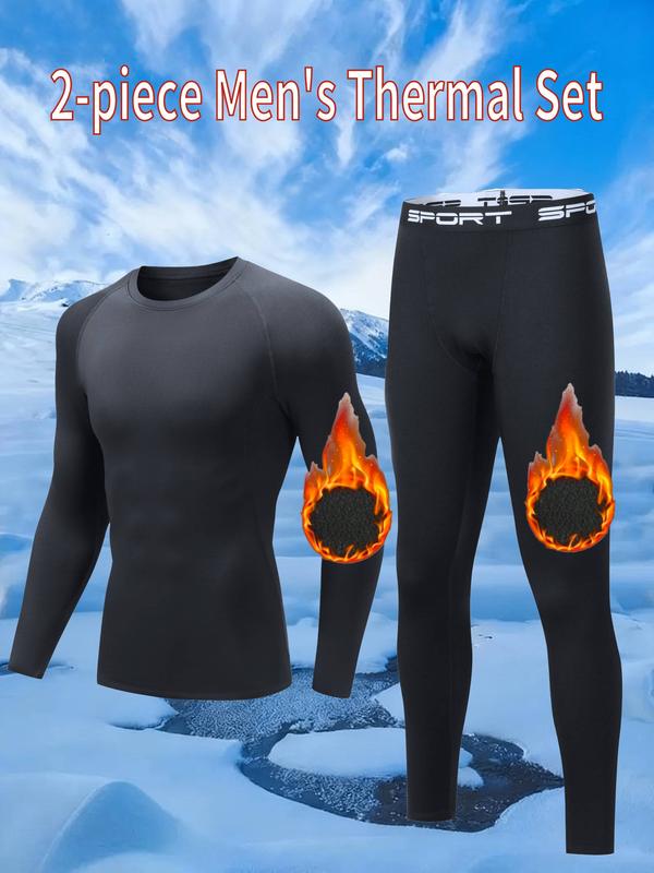 Men's Thermal Underwear Set 2 Pieces Fleece Lined for Home Wear Includes Top and Pants Menswear black sport active  joggers thermal coverall