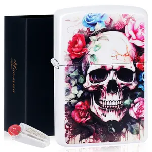 Yaesina Skull-pattern Pocket Lighter, Cast Metal Iron Steel Wheel Lighter, Solid Metal Kerosene Lighter with Lighter with Cotton Wick Accessories & Replacement Lighter Flints ( Kerosene Not Included )