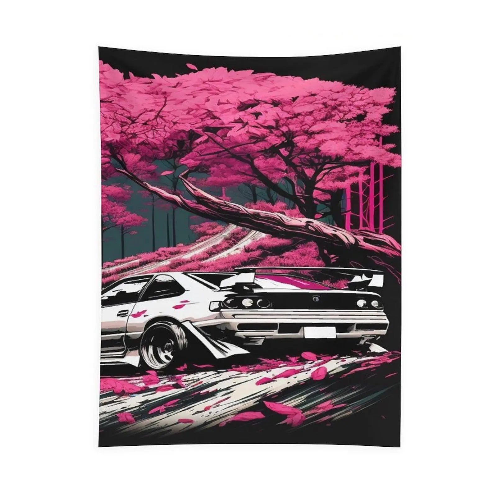 Pink Sakura JDM Car Tapestry, Japanese Street Racing Sports Car Cherry Blossom Wall Hanging for Garage Bedroom Decor