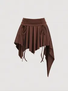 Elegant Women's Asymmetrical Hem Skirt with Side Drawstring, Classic Fashion Design, Must-Have Half Skirt for Ladies
