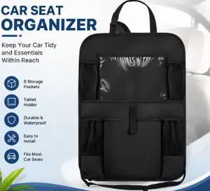 Rear seat storage device for cars with a tablet organizer bag; includes eight storage pockets—suitable as a seat back protector pad and foot mat for children and toddlers learning to walk; an excellent travel accessory for family trips. Portable Metal co