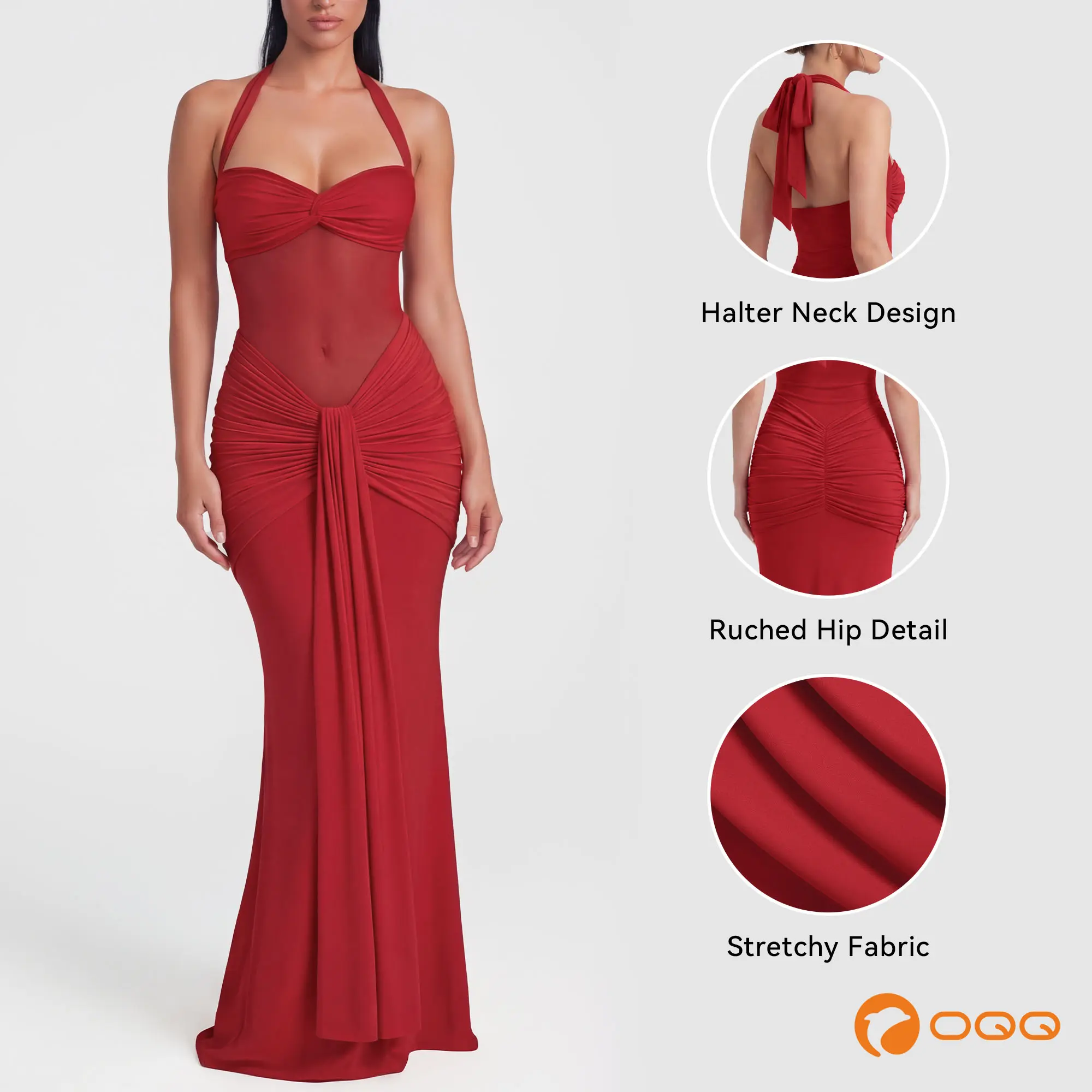 OQQfitness Womenswear Mini Bodycon Mesh Sheer Tie-Back Halter Neck Dress Panel Ruched Evening Gown Party Casual Elegant Minimalist Outfit