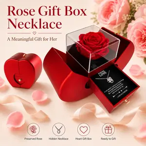 Preserved Red Rose Jewelry Gift Box with Sparkling Pendant Necklace Romantic Statement Set Accessories for Women Valentines&birthday Boujee Gifts for gf Mother's Day gift
