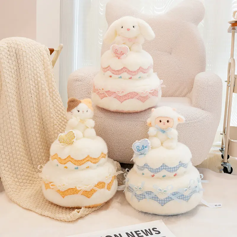 Adorable fluffy birthday cake plush toy | Soft sheep, bunny, and cat stuffed toys — a perfect cute gift for birthdays and room aesthetic decor