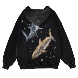 Two Sharks Back Print Casual Washed Hoodie, Vintage Distressed Coloful Hood- Wash Shirt - Natural Theme Unisex Streetwear