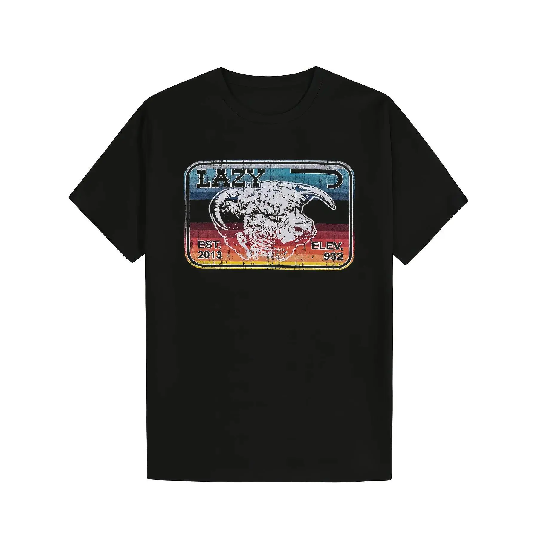 Men's "Lazy Ranch" Vintage Bull Printed T-Shirt - Menswear Basic Short Sleeve Round Neck Top, Retro License Plate Gradient Design, All Seasons Athletic Casual Western Outdoor Streetwear Tee, Soft Cotton