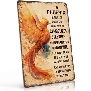 The Phoenix Symbolizes Strength Transformation And Renewal 12x8 Inch Aluminum Metal Sign - Inspirational Phoenix Wall Decor for Home, Office, Bedroom - Retro Watercolor Tin Sign Gift for Resilience & Growth