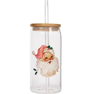 Retro Santa Can Glass Christmas Drinkware with Bamboo Lid & Straw Heat Resistant Iced Coffee Cocktail Glass Festive Holiday Gift for Coffee Lovers Christmas Stocking Filler