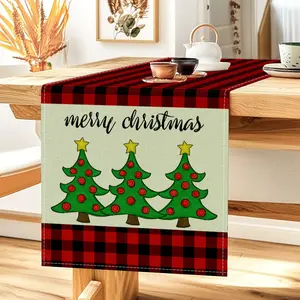 1pc,  Merry Christmas Red And Black Checkered And Green Cartoon Christmas tree Pattern Print Design Table Runner Polyester Fabric Kitchen Dining Table Cover Holiday Party Tablecloth Home Decoration