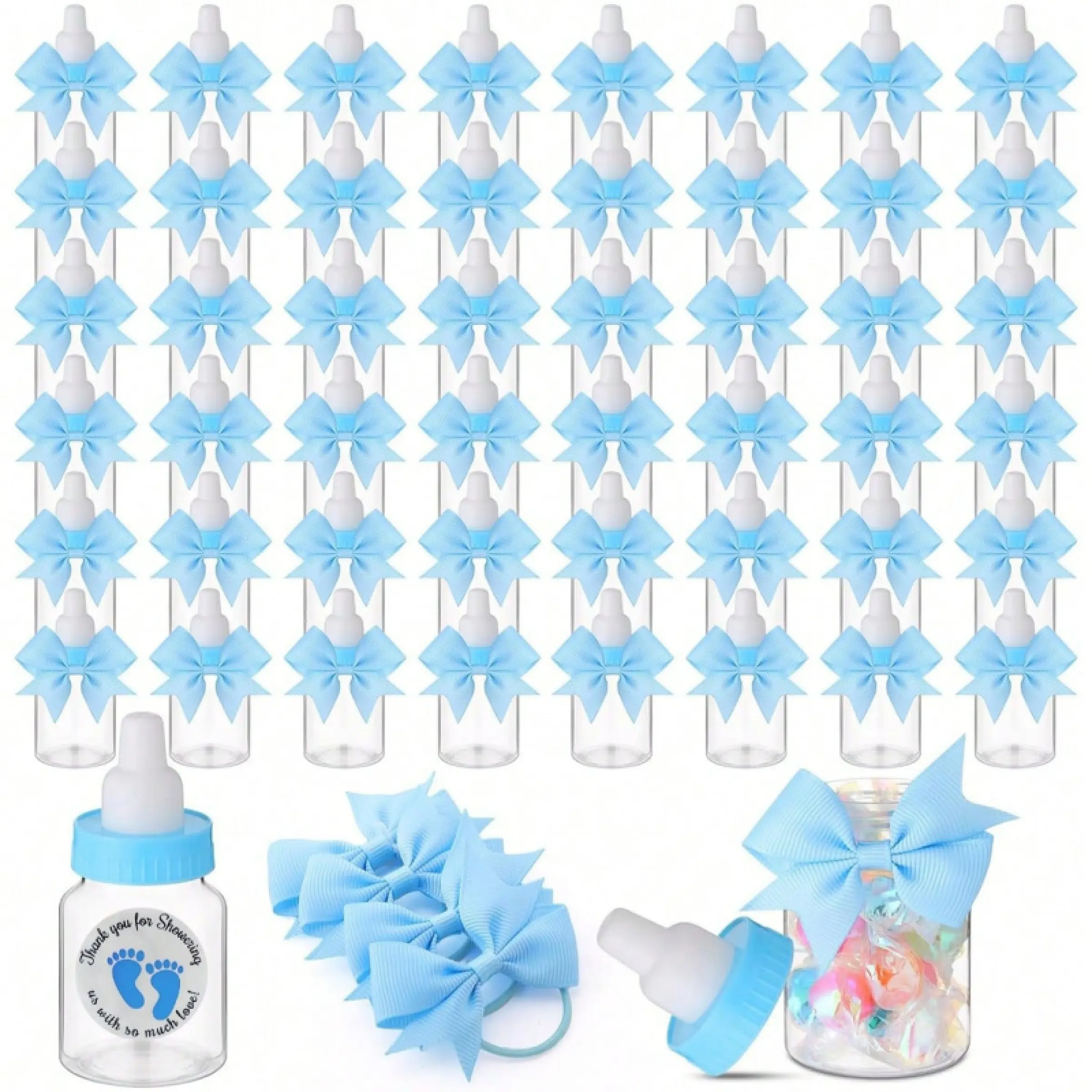 Blue Mini Baby Bottles Set, Perfect for Baby Shower Party Favor Packs Assortment, Includes Thank You Stickers & Bows, Ideal Candy Decorations for Boys Guests, Party Gifts