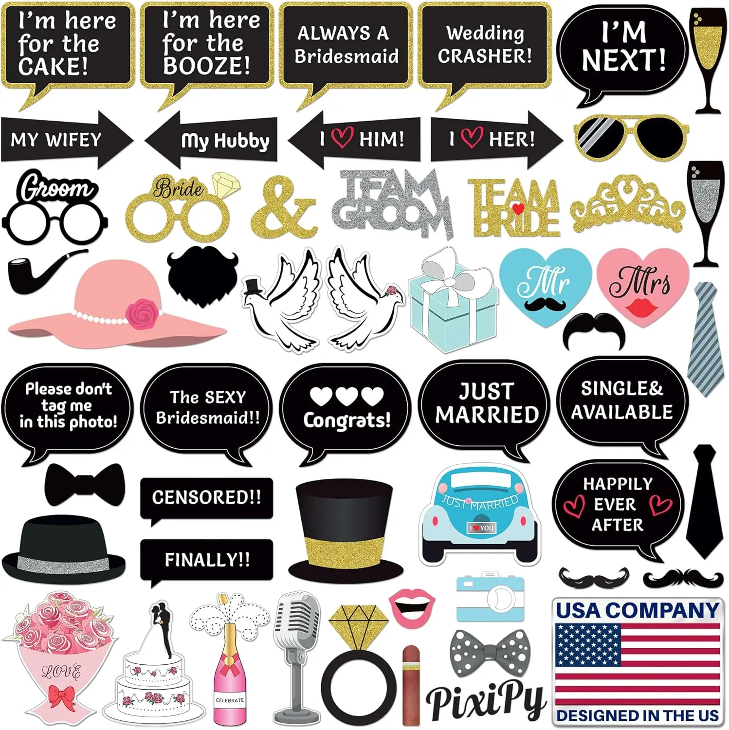 PixiPy Wedding Photo Booth Props 52 Piece Multicolored Kit - Fun Selfie Accessories with Wedding Themed Signs and Images - No Glitter Party Supplies for Wedding Reception, Anniversary and Engagement