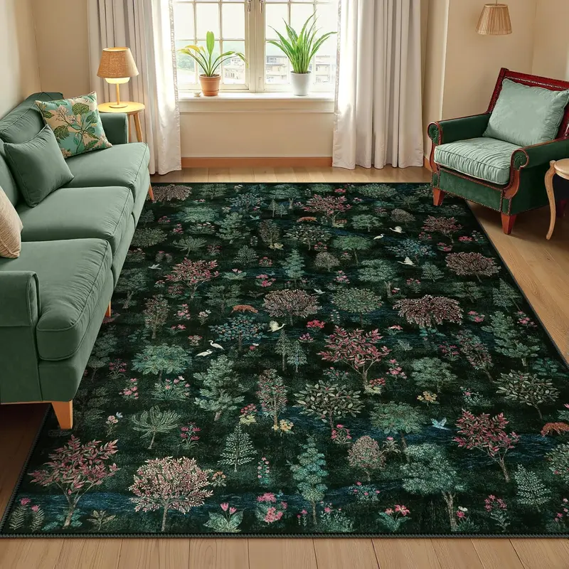 Wonnitar Forest Dark Green Rug for Living Room, Washable 5x7 Area Rugs Ultra-Thin, Boho Soft Non Slip Stain Resistant Woodland Jungle Carpet for Bedroom, Dining Room, Office