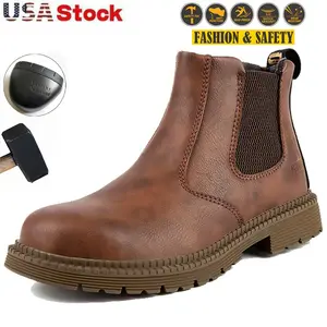 indestructible Work Boots for Men Steel Toe Slip On Waterproof Safety Boots Mens Slip Resistant Work Shoes Leather Safety Toe Shoes Mechanic Restaurant Garden steel toe shoes