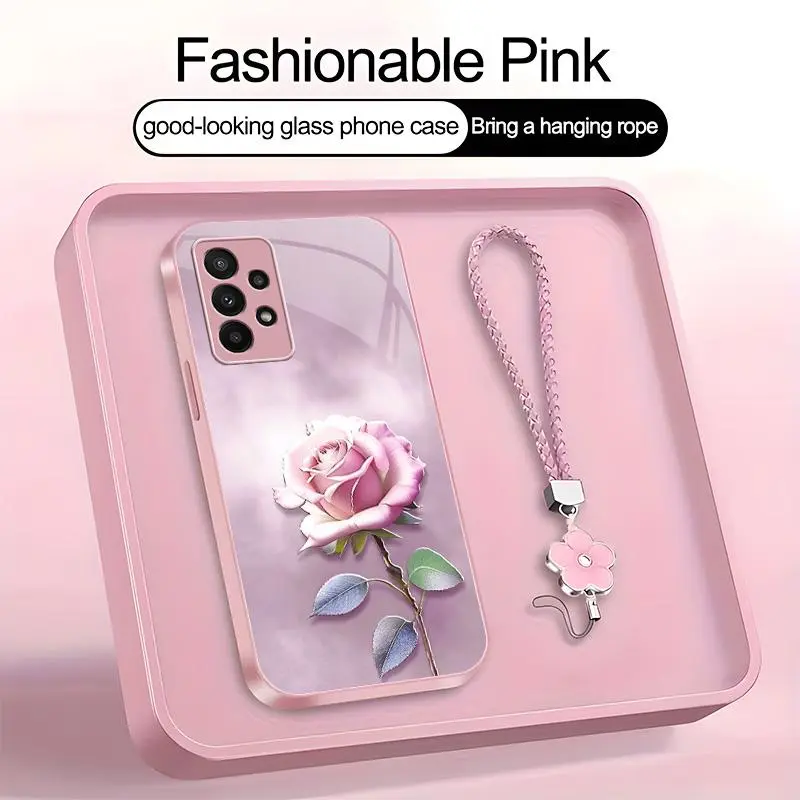 Suitable for [Galaxy A23] high-end women's phone case🤩，a beautiful four-leaf clover lanyard is included🍀，various pink rose patterns, exquisite and high-end YM99