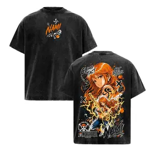 Vintage Washed Graphic T-Shirt, Oversized Nami Anime Streetwear Tee in Heavyweight 230gsm Cotton, Unisex Short Sleeve Apparel