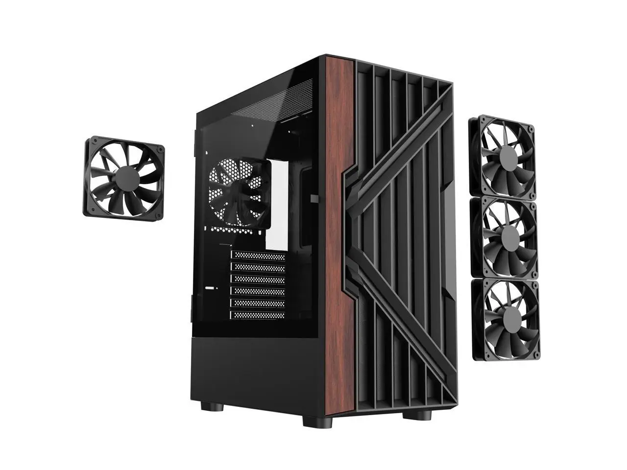 DIYPC DIY-G18-WD Black USB3.0 /Type C ATX Mid Tower Gaming Computer Case w/ Tempered Glass Side Panel and Walnut Wood Front Panel. 4 x 120mm PWM Fan Pre-Installed