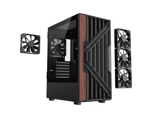 DIYPC DIY-G18-WD Black USB3.0 /Type C ATX Mid Tower Gaming Computer Case w/ Tempered Glass Side Panel and Walnut Wood Front Panel. 4 x 120mm PWM Fan Pre-Installed