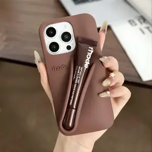 Soft Silicone Lip Gloss Phone Case for iPhone 11 12 13 14 15 16 17 Pro Max, 2 in 1 Beauty Cover with Built In Balm Holder