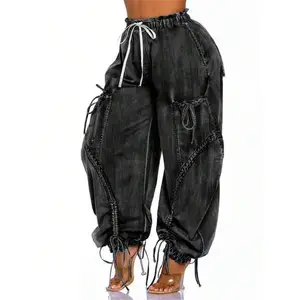 Denim Harem Pants - Elastic Drawstring Waist Wide Leg Jeans With Bow Tie & Pockets |   Casual Boho Streetwear For Travel/Everday Comfort (Vintage Distressed Wash)