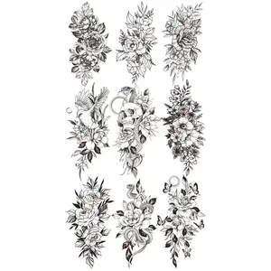 9pcs Death Skull Flower Temporary Tattoo For Women Girls Snake Bird Peony Tattoo Sticker Black Fake Blossom Sexy Tatoo Transfer Adult