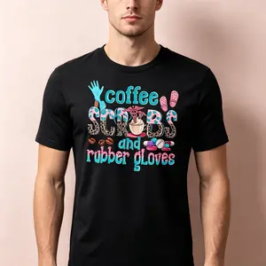 "Coffee and Scrubs" Graphic T-Shirt - Funny Healthcare Professional & Nursing Statement Top - Medical Student Humor Aesthetic Apparel - Comfortable Short Sleeve Graphic Shirt - Unique Professional Detail Crew Neck Tee