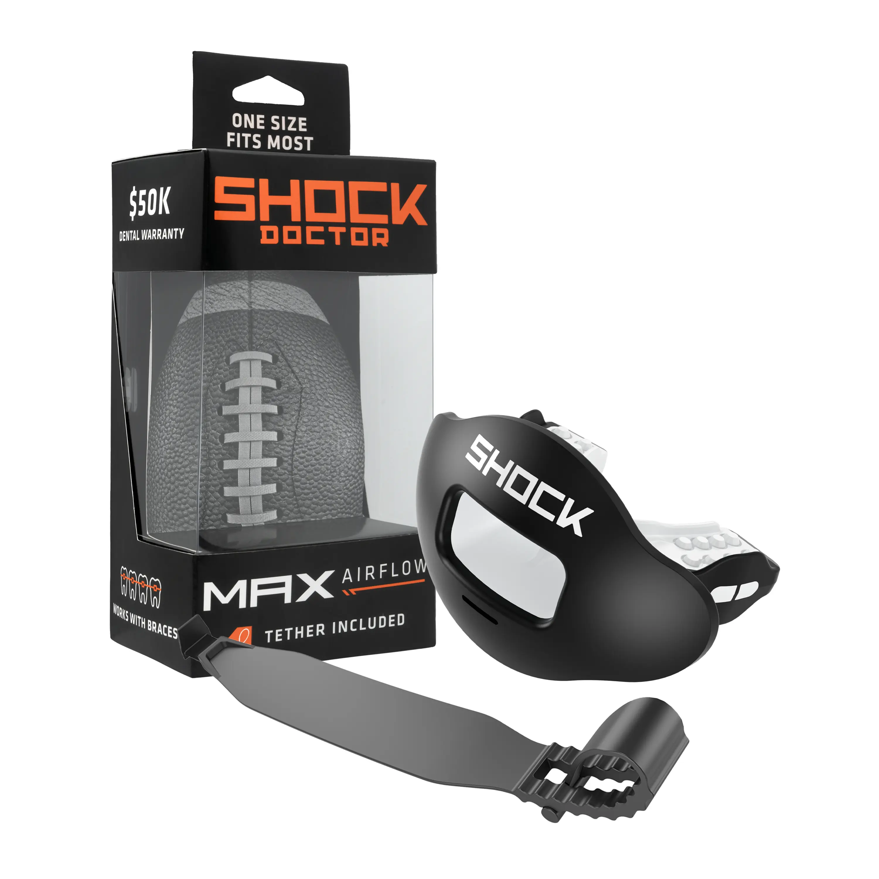 Shock Doctor Max AirFlow Football Mouthguard - Black, Extra Large Breathing Channel, Full Protection, Comfortable Bite Pads, No Mold Fit