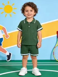 Boys' Fashion 2-Piece Set, Summer Knit Thin Striped Short Sleeve Polo Shirt + Shorts, Valentine's Day Gift, Ages 1-6, Casual & Stylish
