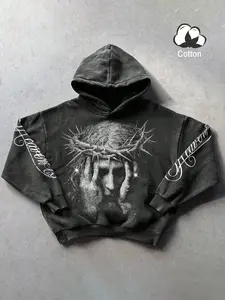 Men's Hooded Sweatshirt Long Sleeve Fitted Jesus Crown Gothic Graphic Print, Vintage Wash Cotton Snowflake, Casual Streetwear Comfort Fashion Street Fashion Hoodie