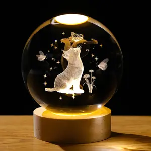 3D Crystal Cat Figurines with Wooden Light Base, 2.36 Inches Crystal Ball Decor, Laser Engraved Glass Sphere Cat Gifts