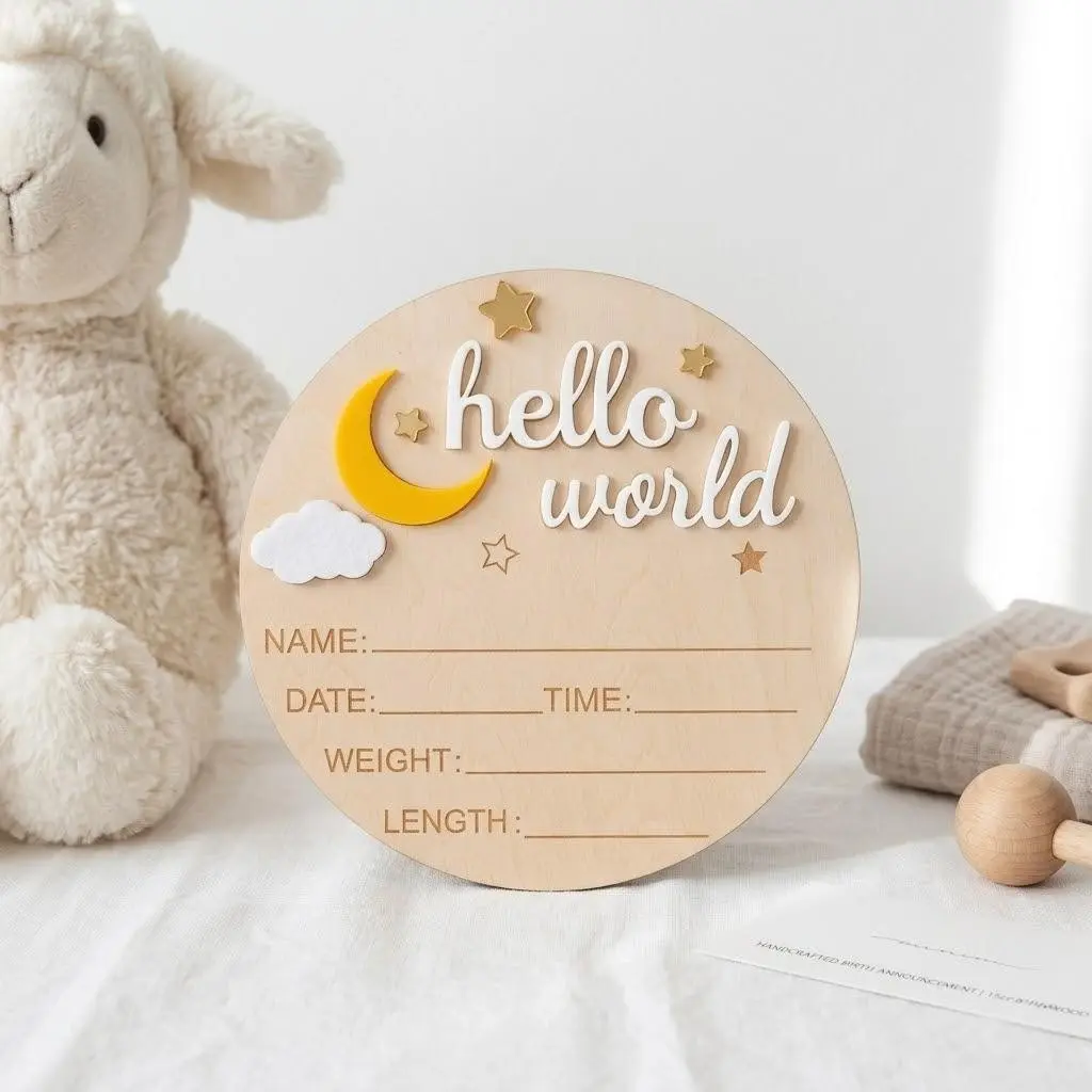 Hello World Wooden Newborn Sign, Baby Birth Announcement Plaque, Name Date Weight Length Keepsake Board, Moon Plaque Gift, Home Decor Gifts