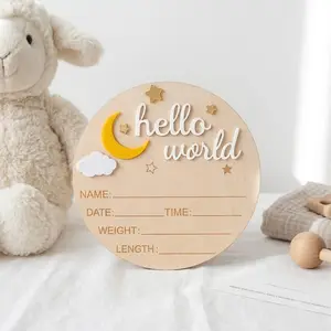 Hello World Wooden Newborn Sign, Baby Birth Announcement Plaque, Name Date Weight Length Keepsake Board