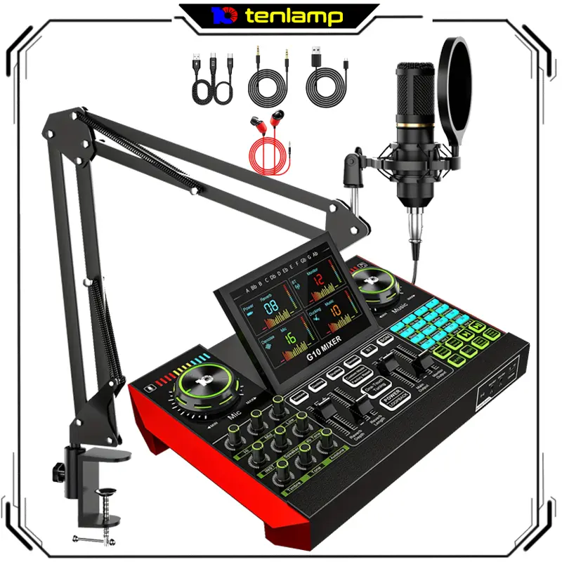 tenlamp BM800+G10 Economy Podcasting Kit - BM800 Cantilever, G10 Linear Condenser Microphone, Multi-Mode Sound Converter, Preamp, DJ Audio Mixer, Built-in Li-Ion Portable Setup, Plug-and-Play USB Charging Computer Audio Interface for Live Singing summerwi