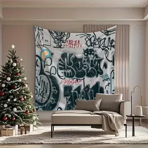 2D Flat, 2D Flat - 2D Flat, 2D Flat - A Vibrant Black And White Graffiti Tapestry Backdrop for Walls, Suitable for Living Rooms, Bedrooms, Offices, And Home Parties. Ideal for Live Streaming