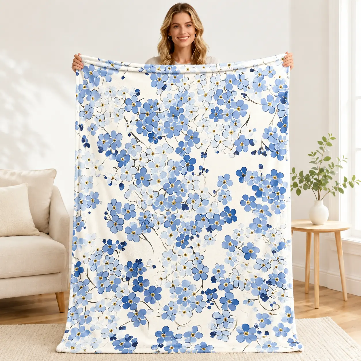 Blue Forget-Me-Not Floral Flannel Blanket - Soft, Cozy, Vintage Wildflower Warm Plush Throw, Ideal Birthday Gift for Flower Lovers, Cottagecore Bedroom Sofa Home Decor