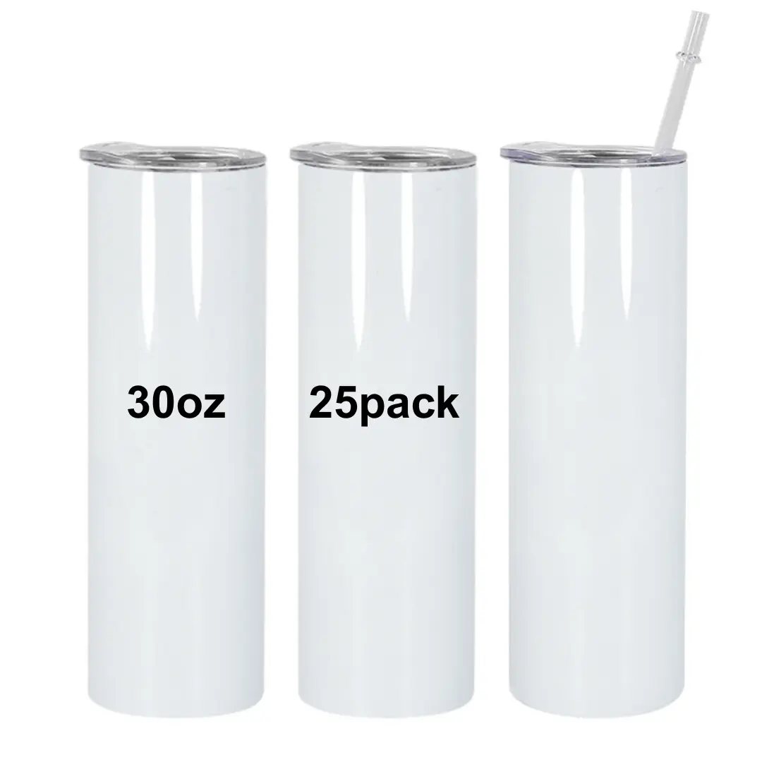 25-Pack Durable USA Sublimation Blank Stainless Steel Water Bottles - 30oz Double Wall Insulated Sublimation Tumblers, Modern Straight-Form Leak-Proof Skinny Design, with Plastic Straw & Lid, Portable White 500-1000ml Travel Drinkware Flasks