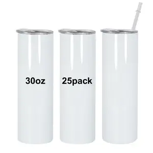 25 Pack USA 30oz Sublimation Blanks Stainless Steel Tumbler with Plastic Straw Double Wall Skinny Straight Tumbler with Lid Drinkware Flasks  White 500-1000 Ml Capacity