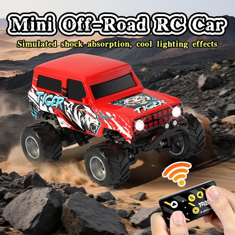 Mini RC Truck 1:64 Scale Monster Truck Remote Control Car with Lights 2.4 GHz Mini Alloy Remote Control Adjustable Speed and Steering Red Blue Green Compact On-the-Go Design