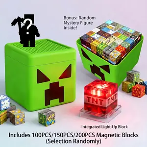 Magnetic Tiles with Storage Bucket & LED Light Up – 100/150/200 PCS Magnetic Blocks Building Set, STEM Educational Sensory Toys for Kids Ages 3+, Creative Construction Cubes, Toddler Learning Toy, Easter Birthday Christmas Gifts for Boys & Girls