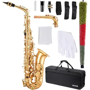 VEVOR Alto Saxophone, E Flat, Brass Saxophone Beginner Kit with Carrying Case, Mouthpiece, Straps, Cleaning Cloth Rod, Gloves, Grease, Neck Strap, 23 Keys Alto Sax Kit, for Beginners Students, Gold