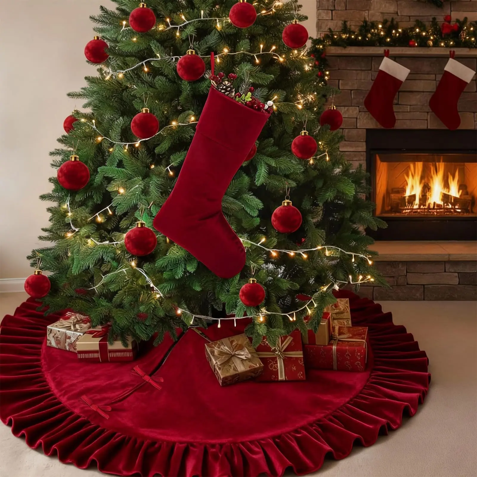 48-Inch Large Soft Synthetic Velvet Christmas Tree Skirt - Durable, Warm Home Decor Base Mat for Xmas Holiday Indoor Outdoor Party Decoration