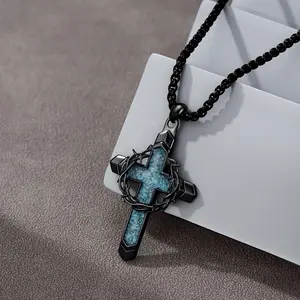 Vintage Bogadion Cross Pendant Necklace for Men Gothic Thorn Wreath Design with Natural Turquoise Stone Punk Hip Hop Chain