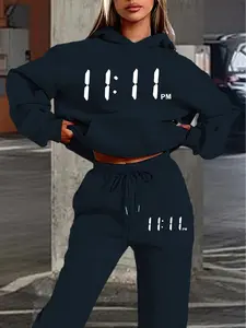 Hooded Sweatshirt Set for Fall & Winter, Digital Clock Print, Geometric, Street Style, Casual, Loose Fit, Daily Wear, Womenswear