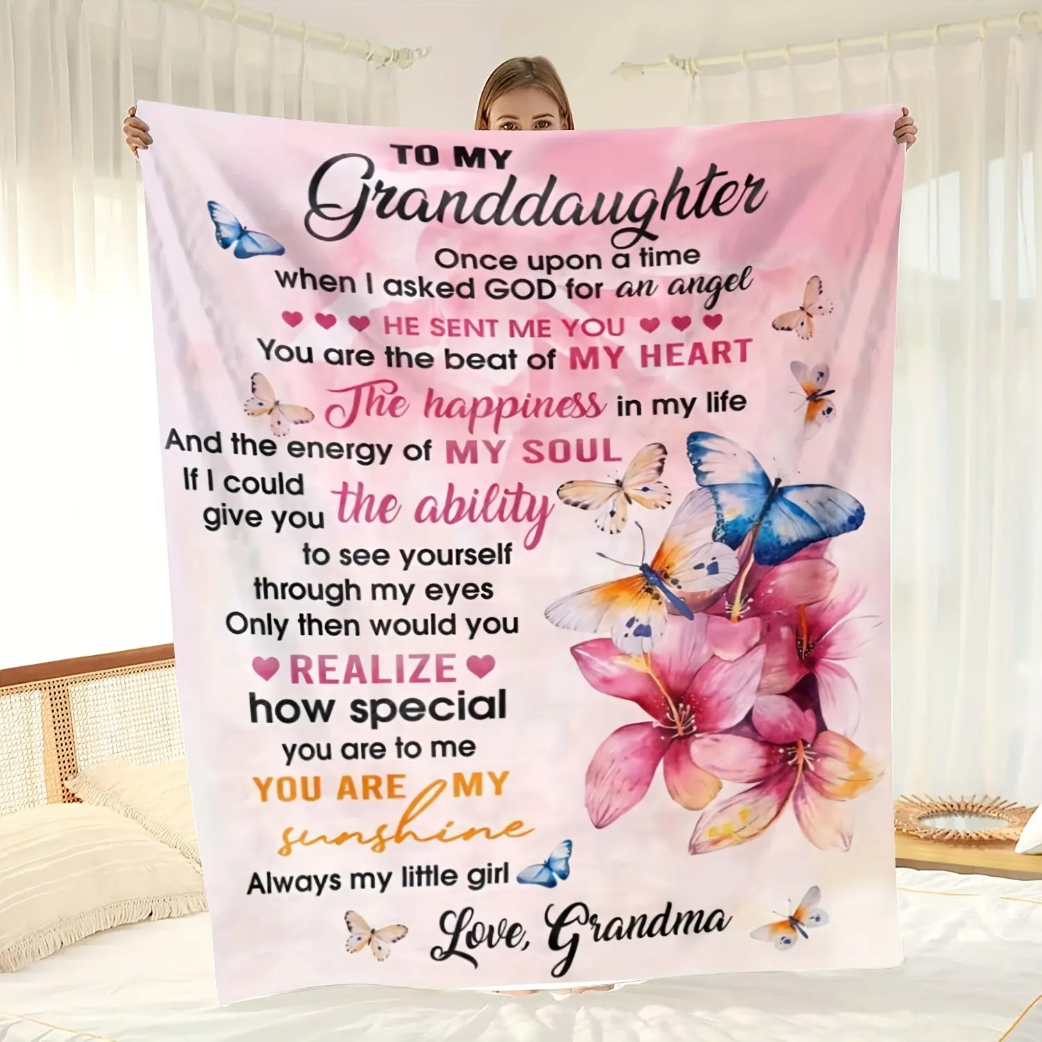 Flannel Plush Butterfly Print Throw Blanket - Pink Floral Love Letter Design, Soft Texture, Multi-Size, Warm Fuzzy Blankets for Bedroom Sofa, Grandma-to-Granddaughter Gift for Teen Girl Home Decor, Throw Blankets