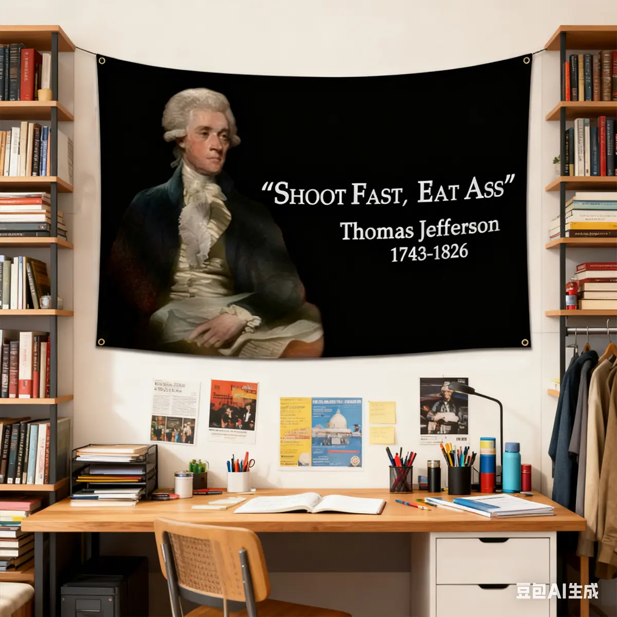3x5 FT Thomas Jefferson "Shoot Fast Eat Ass" Historical-Politics Meme Tapestry Wall Mural, Adult Indoor Home Decor, HD Digital Print Plain Polyester Flag Banner, Man Cave Supply