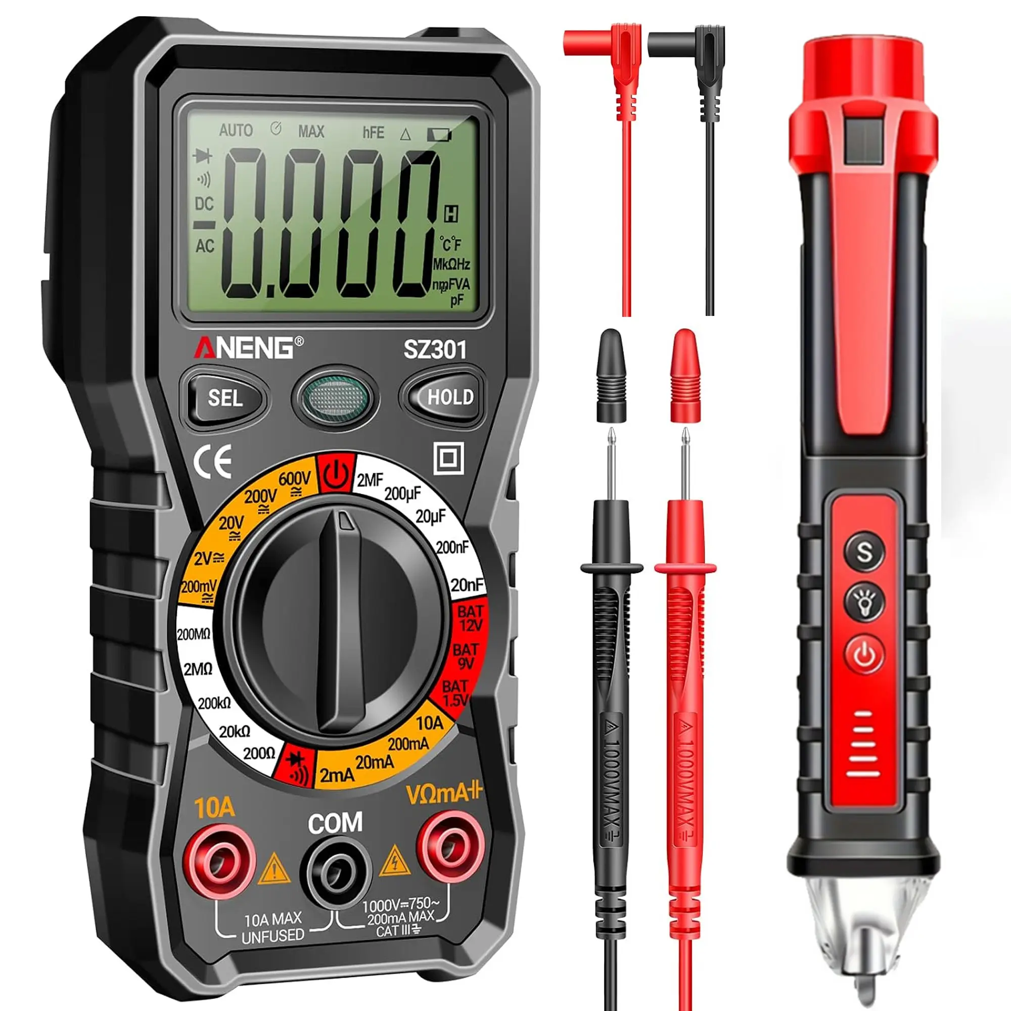 SZ301 Digital Multimeter with Rubber Shell, Test Leads, Carrying Case & Built-In Light - Auto-Manual Range DC/AC Voltmeter, Ohmmeter, Ammeter, Non-Contact Voltage Tester for Auto Repair Tools, Hobbyists, Home Electrical Tasks