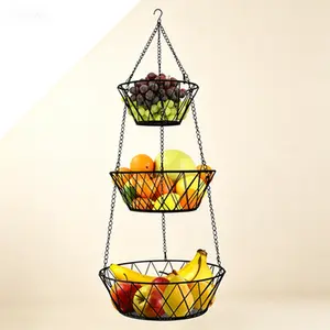 3 Tier Hanging Kitchen Fruit Basket, Heavy Duty Black Metal, Over The Counter Fruit Basket For Storage, Heavy Duty Wire Hanging Basket, Space Saving Kitchen Organizer