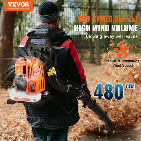 【toolupgrade】VEVOR Portable High Speed Strong Gas Powered Backpack Leaf Blower - 2-Cycle Model with 480cfm Wet Leaf Capability, 175mph Air Speed, Fuel Tank, Tool Bag, Socket Wrench, Funnel, 2 Clamps for Lawn Care
