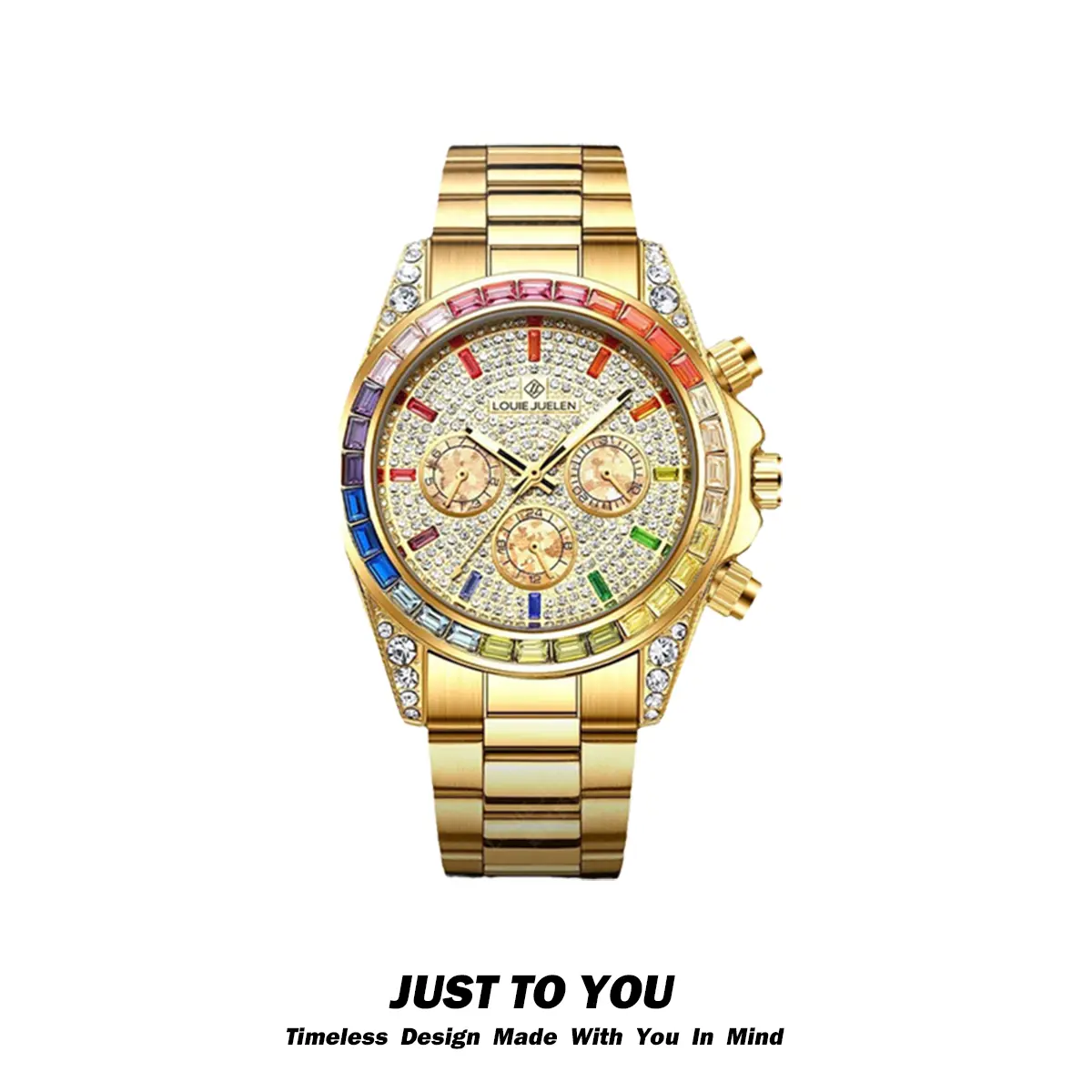 Top Trending Iced-Out Chronograph Watch – Full Shine Dial, Hypnotic Rainbow Bezel, Precision Quartz, Waterproof, Ultimate Flex for Trendsetters high  end  watch