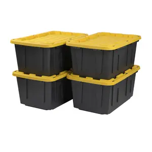 4 -Pack Commander Large 27 -Gallons ( 108 -Quarts ) Black and Yellow Heavy Duty Stackable Tote with Standard Snap Lid