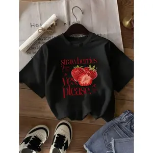 Strawberry Graphic Tee Cute Fruit Print Oversized Crewneck Short Sleeve Soft Casual Summer Streetwear Unisex Top Trendy Outfit For Daily Wear